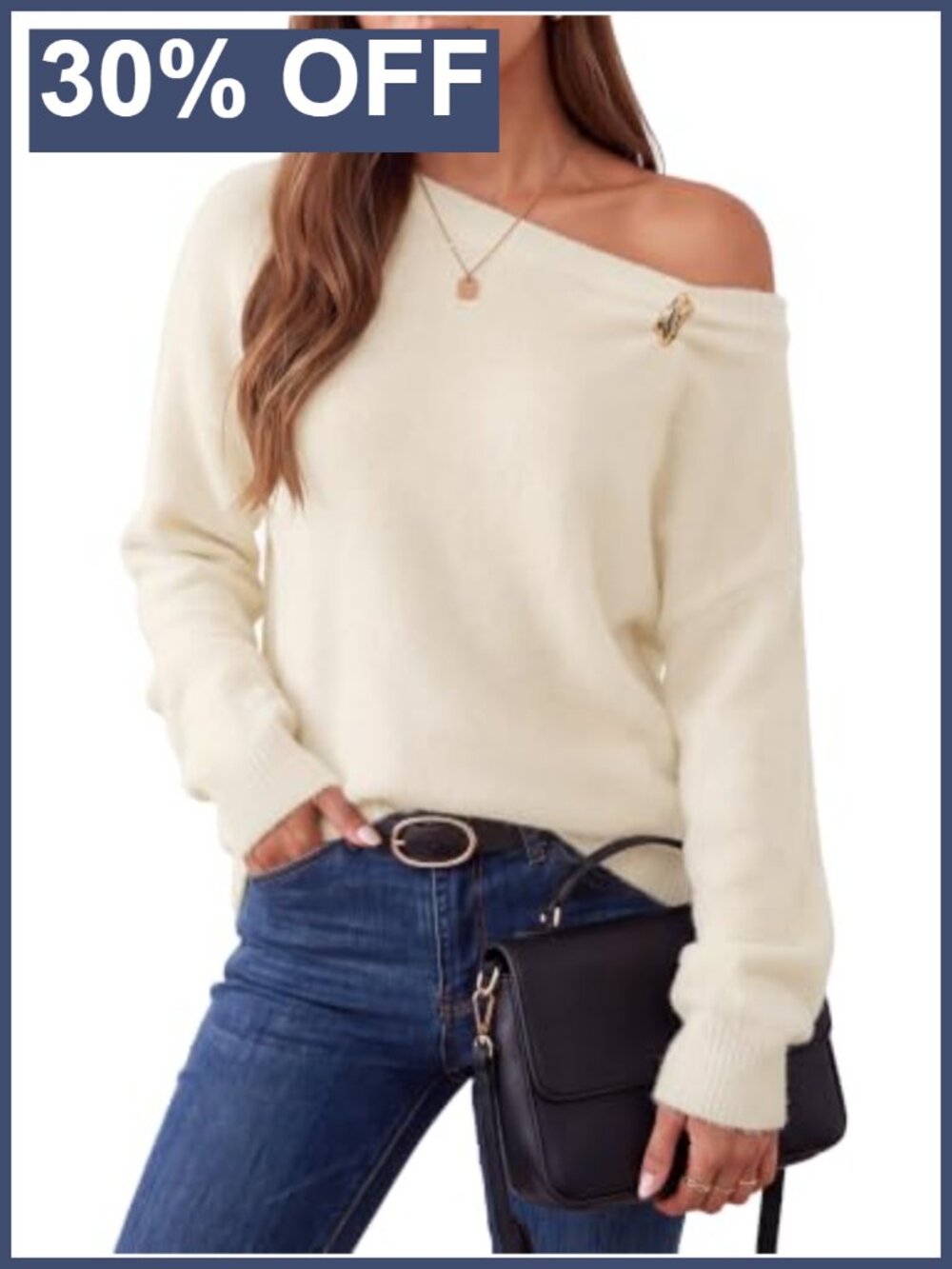 Womens Off the Shoulder Ribbed Knit Sweater Adjustable Buckle Loose Pullover